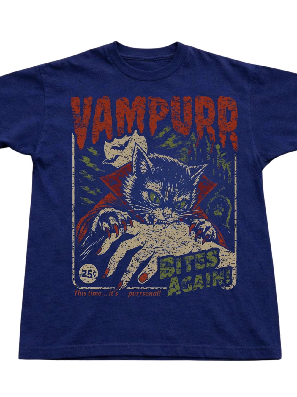 Gildan Navy Blue Vampurr Cat Graphic Tee with Red and Green Print